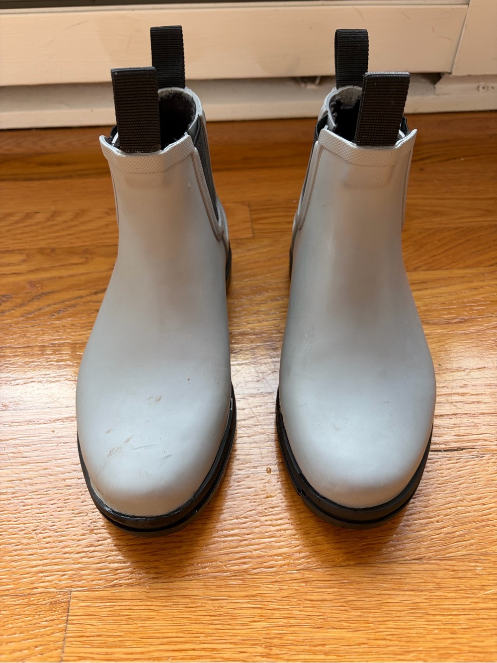 L.L. Bean Light Gray Chelsea Rain Boots with Black Pull Tabs